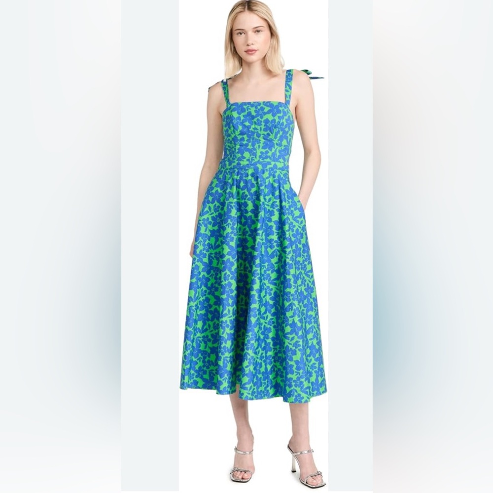 Shoshanna Majorelle Floral Blue and Green Midi Dress Size 2
